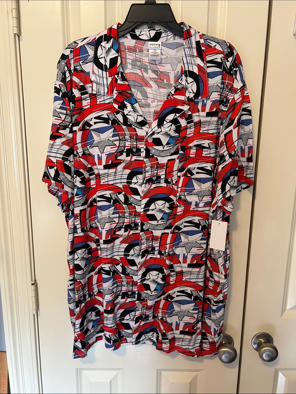 Marvel Abstract Graphic Shirt in Red, Blue & White. 100% Rayon